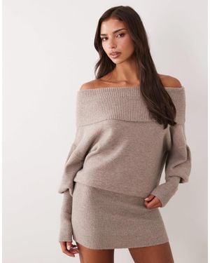 Aria Cove Foldover Bardot Balloon Sleeve Mini Sweater Dress - Brown