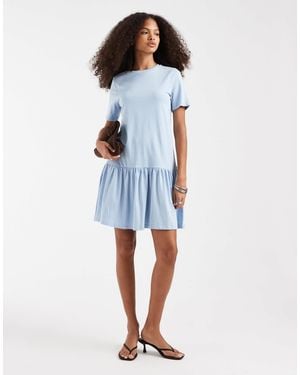 Pieces Drop Waist Short Sleeve Mini Dress - Blue