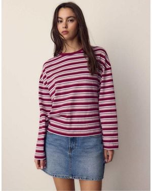 Stradivarius Oversize Long Sleeve Striped T-Shirt - Red