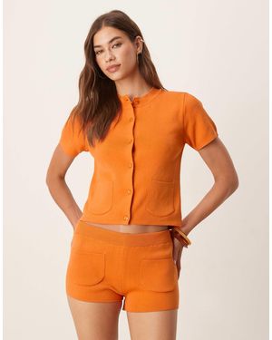 Mango Compact Knit Short Sleeve Cardigan Co-Ord With Front Pocket Detail - Orange
