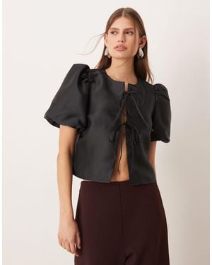 Vila Tie Front Volume Sleeve Blouse - Black