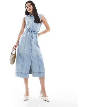 Vero Moda Sleeveless Button Front Tie Waist Denim Midi Dress - Blue