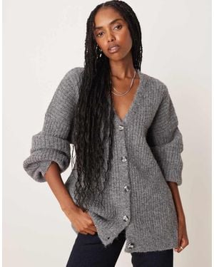 ASOS Knitted Wool Blend Slouchy Cardigan With Chunky Rib - Grey