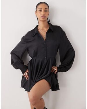 Monki Long Sleeve Crinkle Satin Shirt Dress With Floaty Skirt - Black