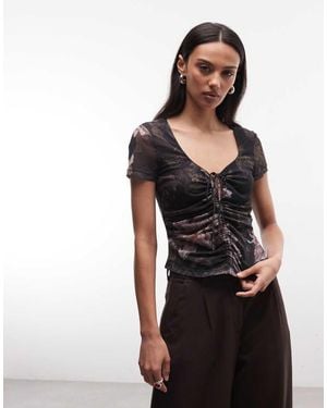 AllSaints Gabby Short Sleeve Ruched Tie Up Floral Mesh Top - Black