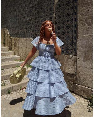 Labelrail Vestido Semilargo A Cuadros Vichy Escalonado De X Rebecca Olivia - Azul
