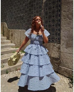 Labelrail X Rebecca Olivia Gingham Tiered Midaxi Dress - Blue