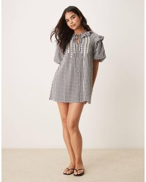 Neon Rose Gingham Oversized Smock Dress - Gray