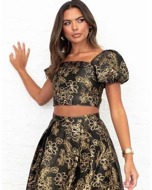Maya Floral Jacquard Square Neck Puff Sleeve Crop Top - Black