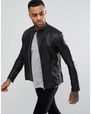 Religion Collarless Leather Jacket - Black