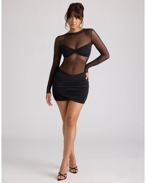 Oh Polly Sheer Long Sleeve Panelled Mini Dress - Black