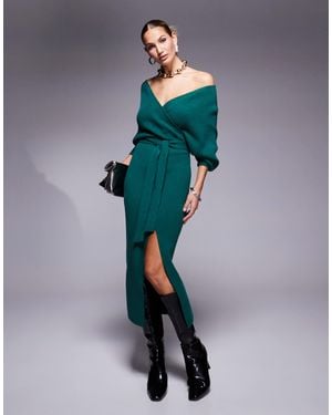 Lulus Off Shoulder Knit Midi Dress - Green