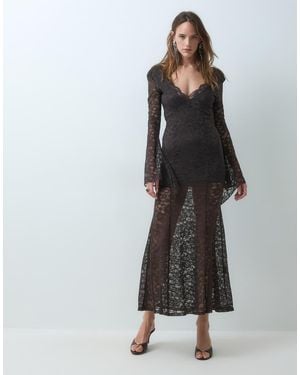 Monki Long Sleeve Fishtail Maxi Dress With Sheer Skirt - Black