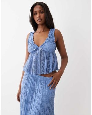Gina Tricot Lace Top With Front Ribbon Bow - Blue