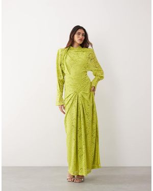 ARRANGE High Neck Ruched Cinched Waist Lace Maxi Dress - Green