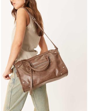 Gina Tricot Studded Large Top Handle Tote Bag With Cross Body Strap - Brown