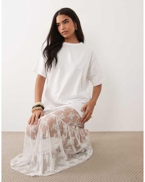 Fashionkilla Exclusive Cotton Lace Tiered Hem Maxi T-shirt Dress - White