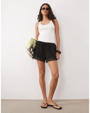ASOS Satin Lace Trim Draw Cord Shorts Co-ord - Black