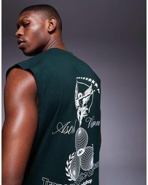 ASOS Top Senza Maniche Squadrato Oversize Verde Scuro Con Stampa Sul Davanti E Sul Retro - Blu