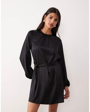Vila Balloon Sleeve Satin Tie Waist Mini Dress - Black