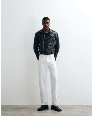 Barneys Originals Cropped Real Leather Biker Jacket - White