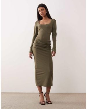 ASOS Long Sleeve Scoop Neck Ruched Waist Midi Dress - Natural