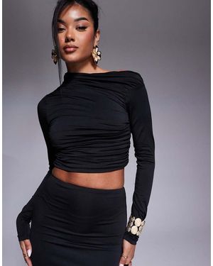 Aria Cove Slinky Off Shoulder Long Sleeve Cropped Top Co-Ord - Black