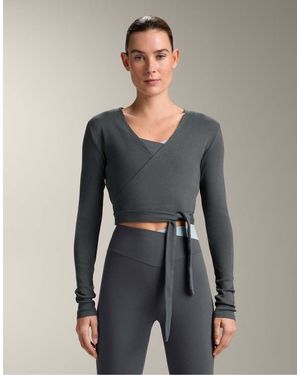 Oysho Rib Cotton Blend Wrap Top - Grey