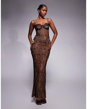 The Dolls House Francesca Lace Cup Detail Maxi Dress With Chain Belt Detail - Brown