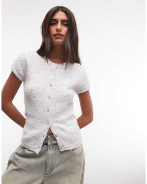 Monki Cárdigan De Punto De Manga Corta En Gris Jaspeado - Blanco