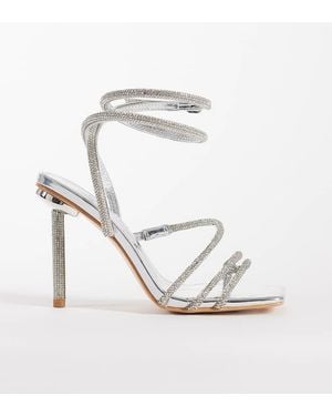 Public Desire Clueless Strappy Square Toe Rhinestone Heeled Sandals - White