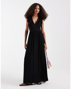Vero Moda Easy Joy Ruffle Shoulder Plunge Front Midi Dress - Black