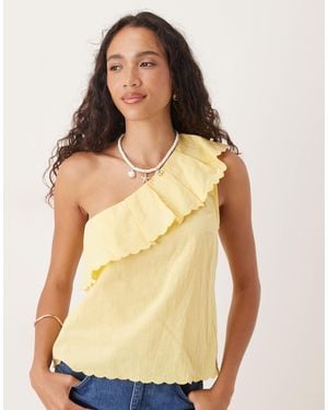 Vila One Shoulder Frill Detail Cotton Top - Yellow