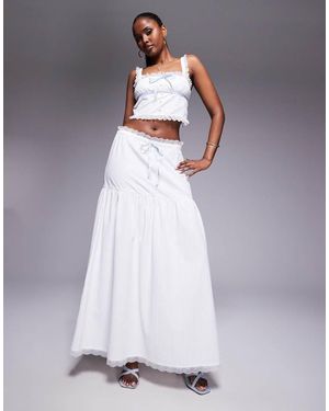 Kaiia Exclusive Textured Lace Trim Dropped Waist Blue Tie Detail Maxi Skirt Co-ord - Grey