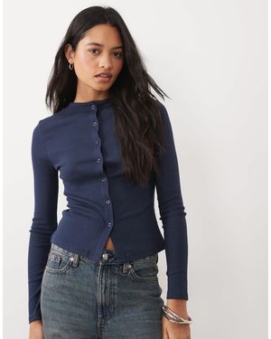 Brave Soul Long Sleeve Ribbed Button Through Top - Blue