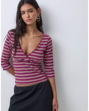 Miss Selfridge Top Cruzado De Manga Tres Cuartos A Rayas Color Ciruela-Multi - Morado