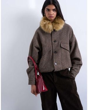 TOPSHOP Twill Bomber With Faux Fur Collar With Wool - Brown