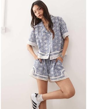Reclaimed Vintage Festival Short Sleeve Resort Shirt With Crochet Trim - Blue