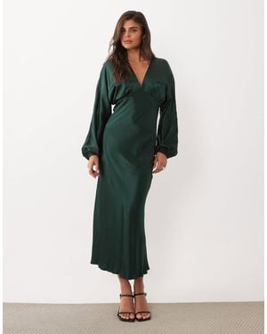 Nobody's Child Allura Satin Bias Plunge Neck Balloon Sleeve Midi Dress - Green