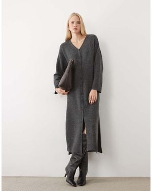 Aware Long Sleeve V-neck Knitted Maxi Dress - Grey