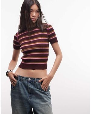 Monki Top De Punto Acanalado Compacto De Manga Corta En Burdeos Y Rosa-Rojo