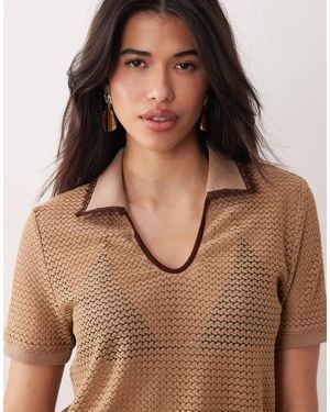 Kaiia Exclusive Crochet Contrast Trim Collar Detail Cropped Polo Top Co-ord - Brown