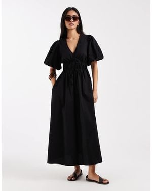 New Look Puff Sleeve V Neck Midi Dress - Black