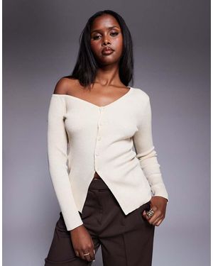 Kaiia Exclusive Off Shoulder Button Split Front Long Sleeve Knitted Top - Black