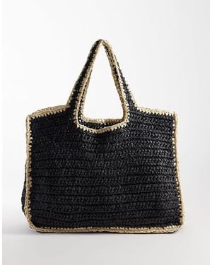 Pieces Woven Straw Beach Bag - Black