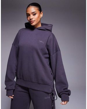 Kaiia Cotton Rich Oversized Lace Up Detail Hoodie Co-ord - Purple