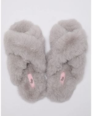 Boux Avenue Cross Band Open Toe Soft Plush Loungewear Slider Slippers - Grey