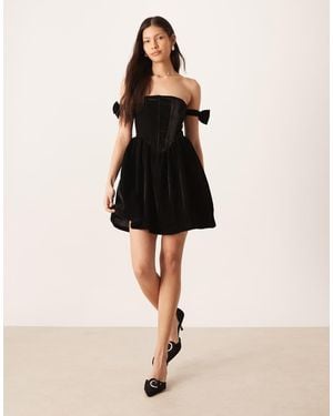 LACE & BEADS Velvet Bow Off Shoulder Corset Mini Dress - Black