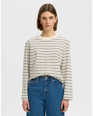SELECTED Essential gestreiftes t-shirt mit boxy fit, rundhalsausschnitt und langen ärmeln - Weiß
