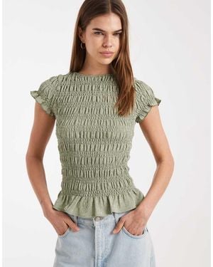Daisy Street Shirred Short Sleeve Top - Green